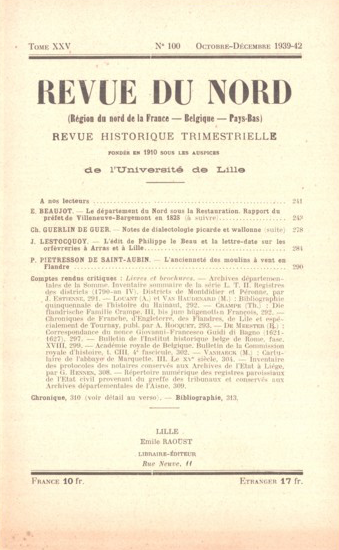 Couverture Revue du Nord n°100. Varia