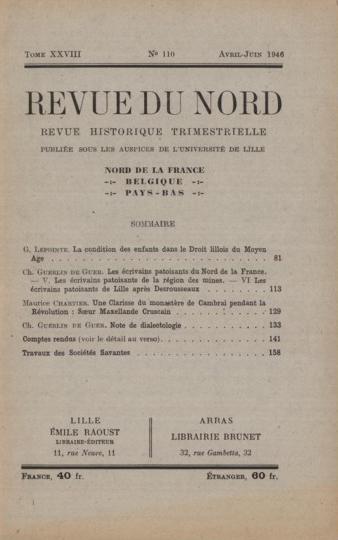 Couverture Revue du Nord n°110. Varia