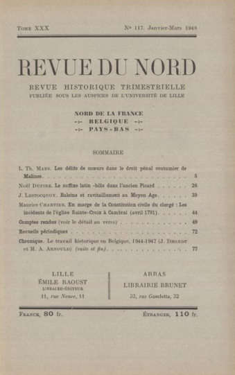 Couverture Revue du Nord n°117. Varia