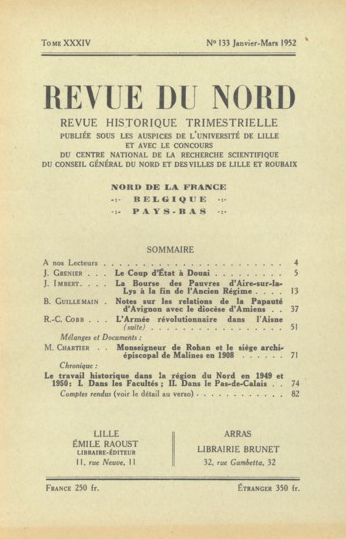 Couverture Revue du Nord n°133. Varia