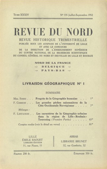 Couverture Revue du Nord n°135. Livraison géographique n° 1
