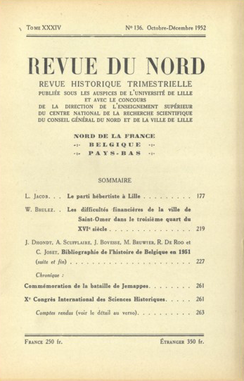 Couverture Revue du Nord n°136. Varia