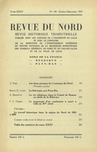 Couverture Revue du Nord n°140. Varia