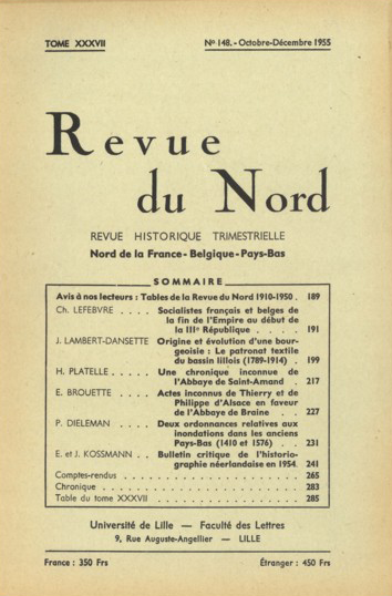 Couverture Revue du Nord n°148. Varia