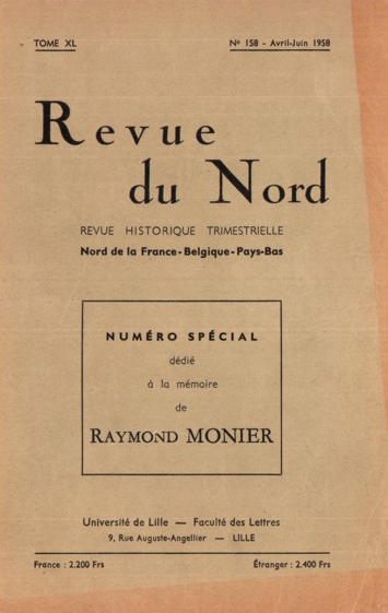 Couverture Revue du Nord n°158. Numéro spécial dédié à la mémoire de Raymond Monier