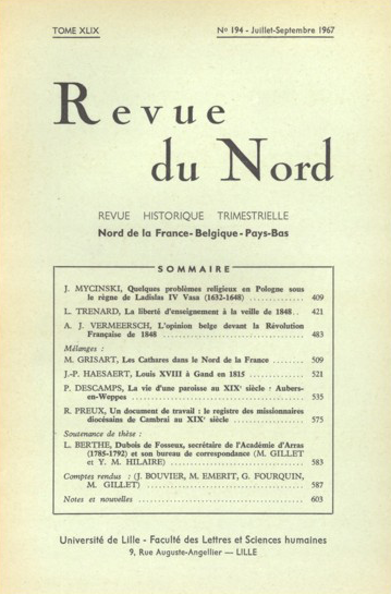 Couverture Revue du Nord n°194. Varia