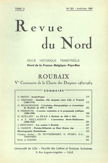 Couverture Revue du Nord n°201. Roubaix. Ve Centenaire de la Charte des Drapiers 1469-1969
