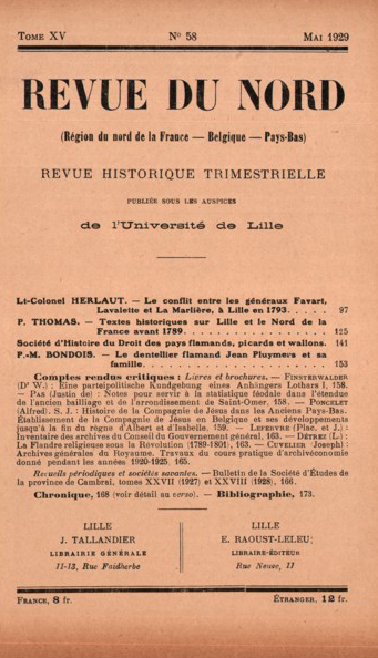 Couverture Revue du Nord n°58. Varia