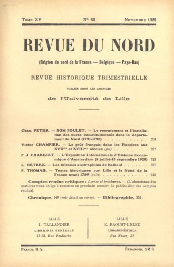 Couverture Revue du Nord n°60. Varia