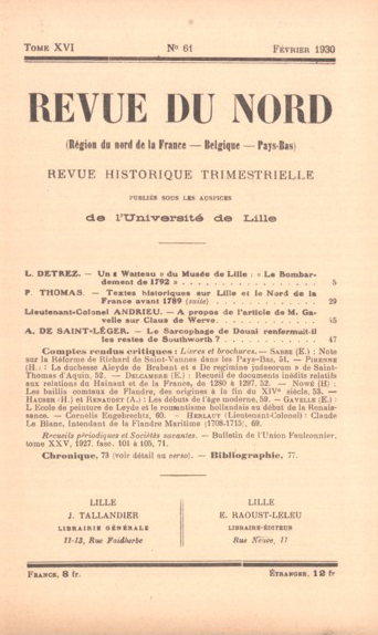 Couverture Revue du Nord n°61. Varia