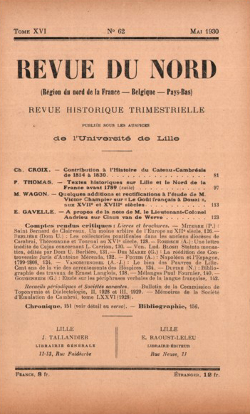 Couverture Revue du Nord n°62. Varia