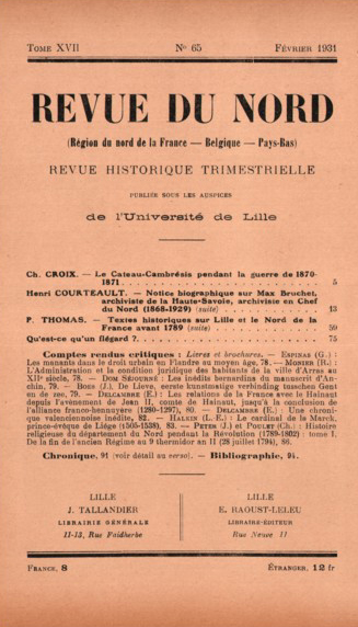 Couverture Revue du Nord n°65. Varia
