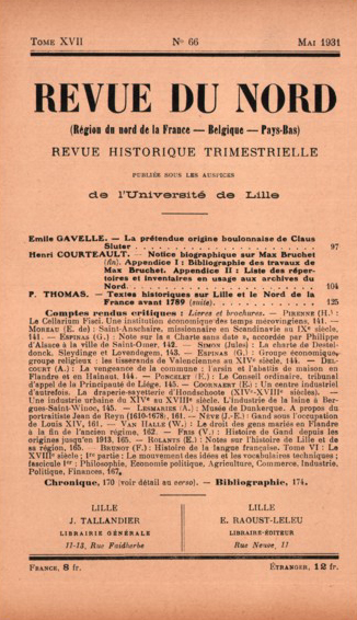 Couverture Revue du Nord n°66. Varia