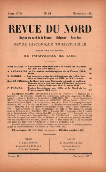 Couverture Revue du Nord n°68. Varia