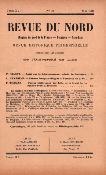 Couverture Revue du Nord n°70. Varia