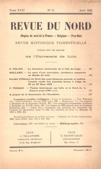 Couverture Revue du Nord n°71. Varia