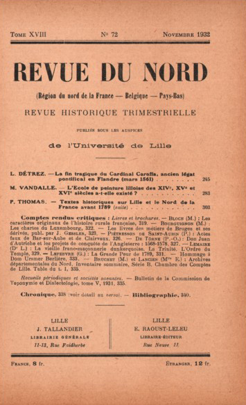 Couverture Revue du Nord n°72. Varia