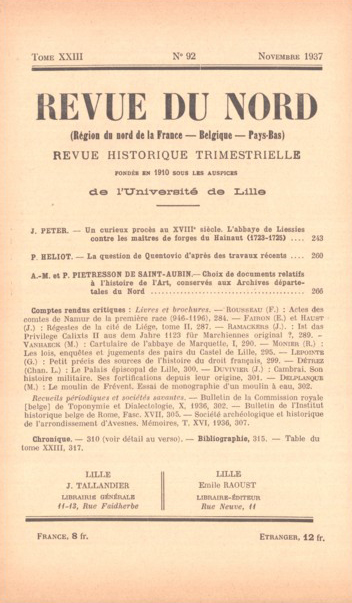 Couverture Revue du Nord n°92. Varia